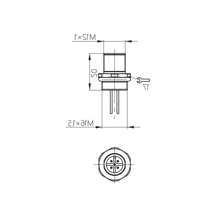 M12 4Pin、公头直型、法兰插座、板前安装、预铸UL电子线、64SA21-XXX